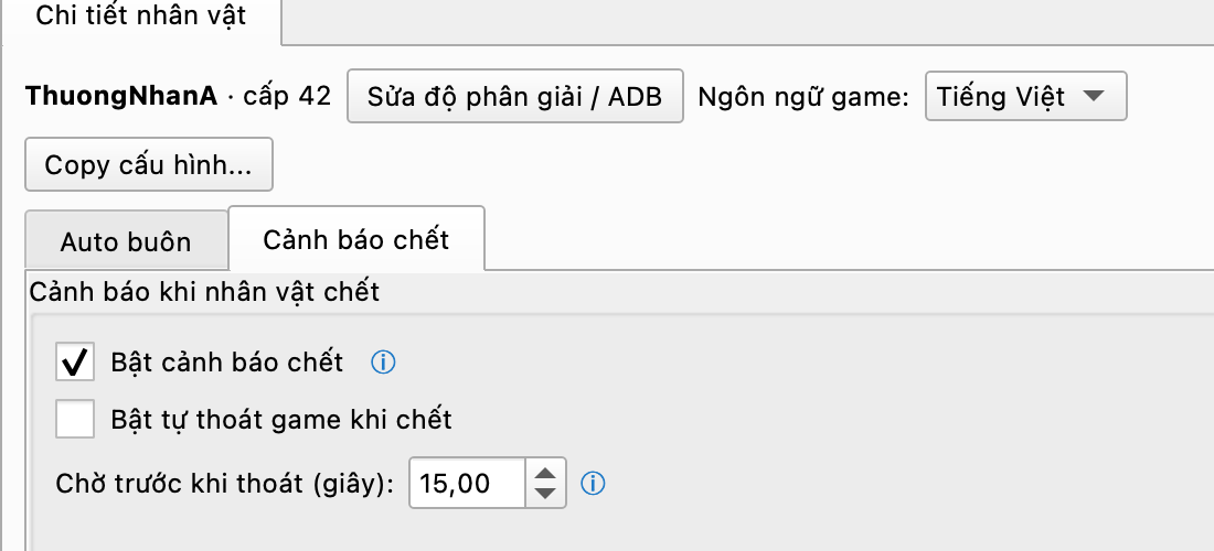 Tab Cảnh báo chết