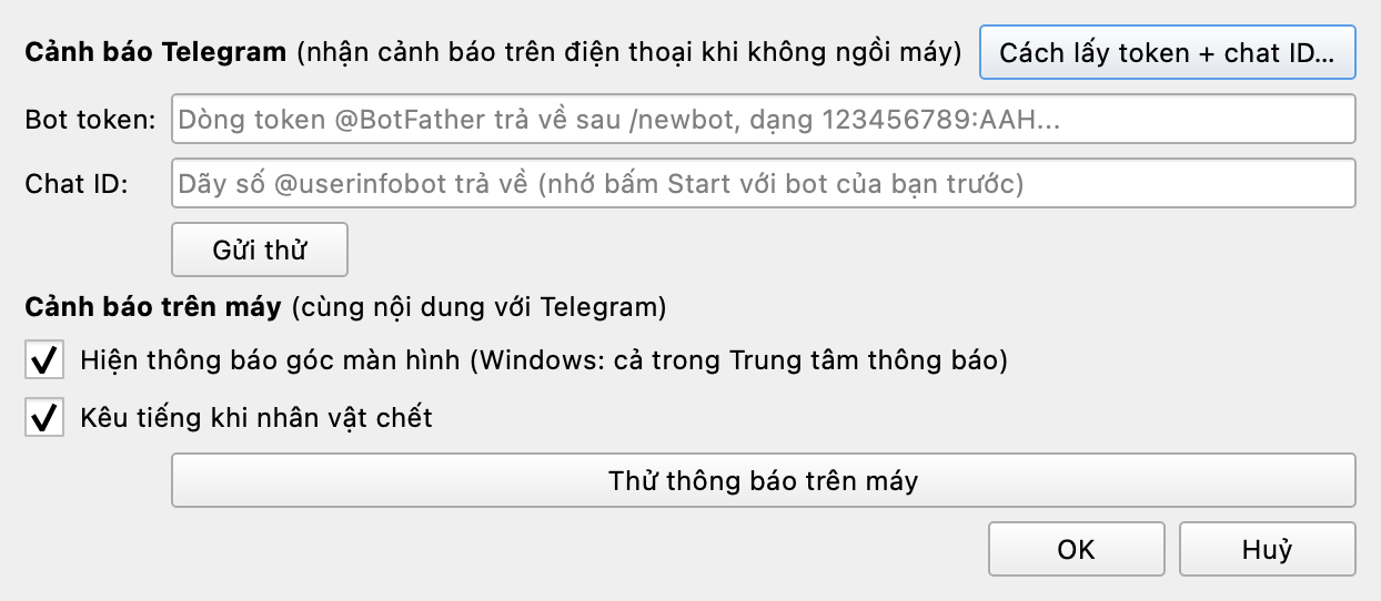 Hộp cấu hình cảnh báo Telegram