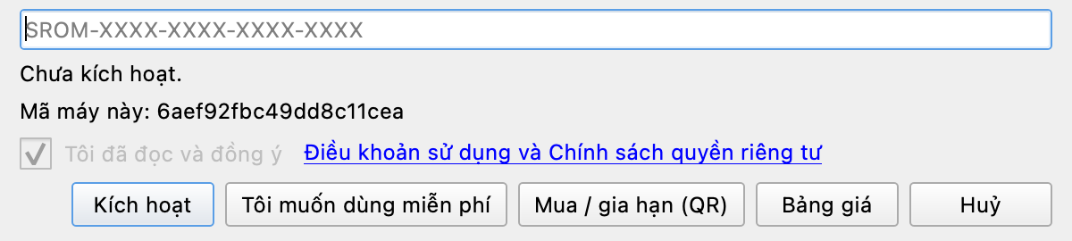 Hộp giấy phép: ô dán mã và nút Tôi muốn dùng miễn phí
